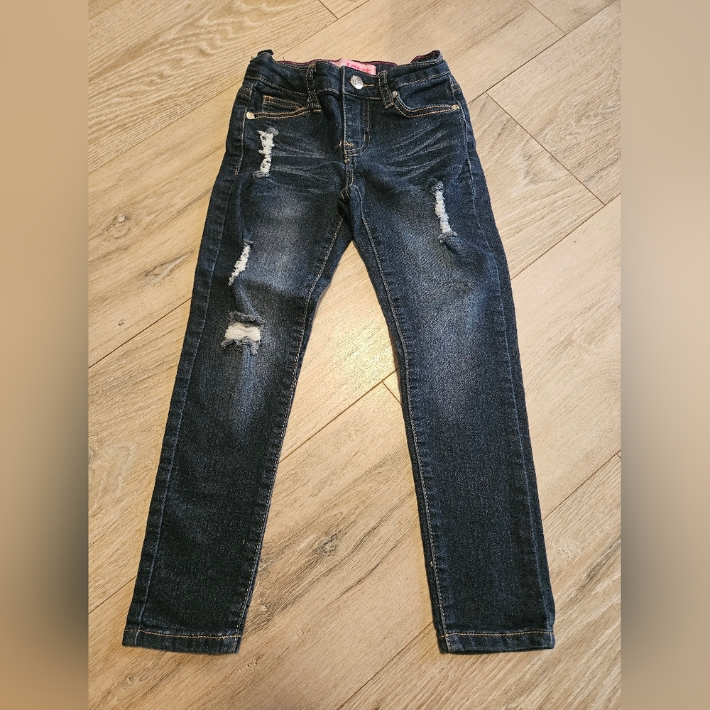Pink Latte Distressed Stretch Straight Blue Jeans Girl's 6X Dark Wash
